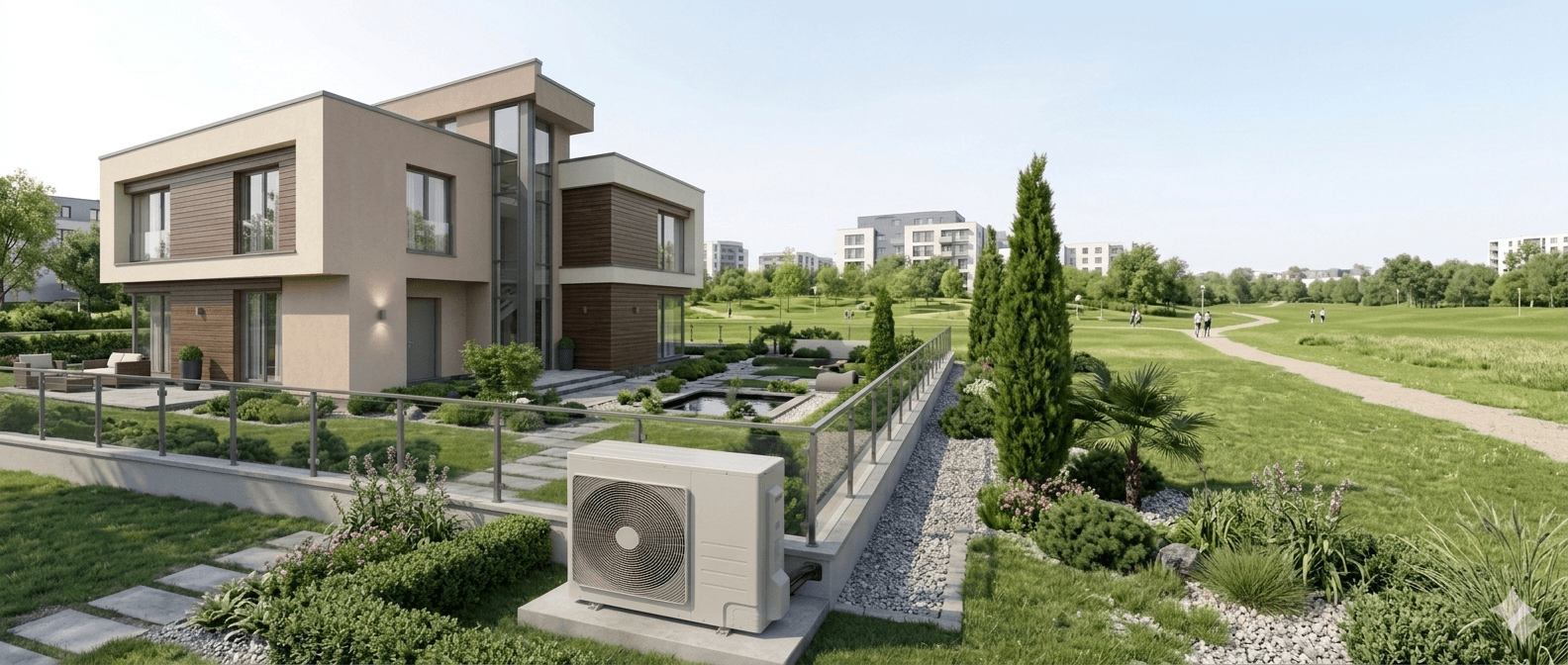 Einfamilienhaus mit einem Außengerät von einer Klimaanlage